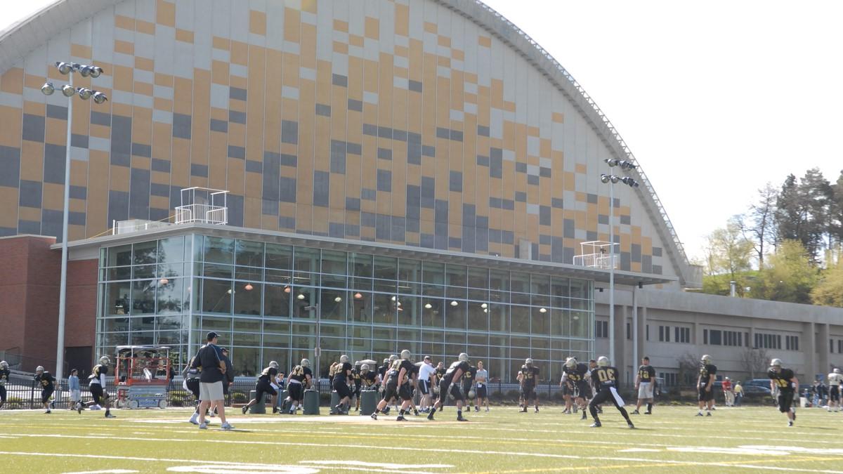 The Vandal football team practices on the East Practice Field